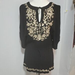 Metropark Black and Cream Mini Dress with Bishop Sleeves